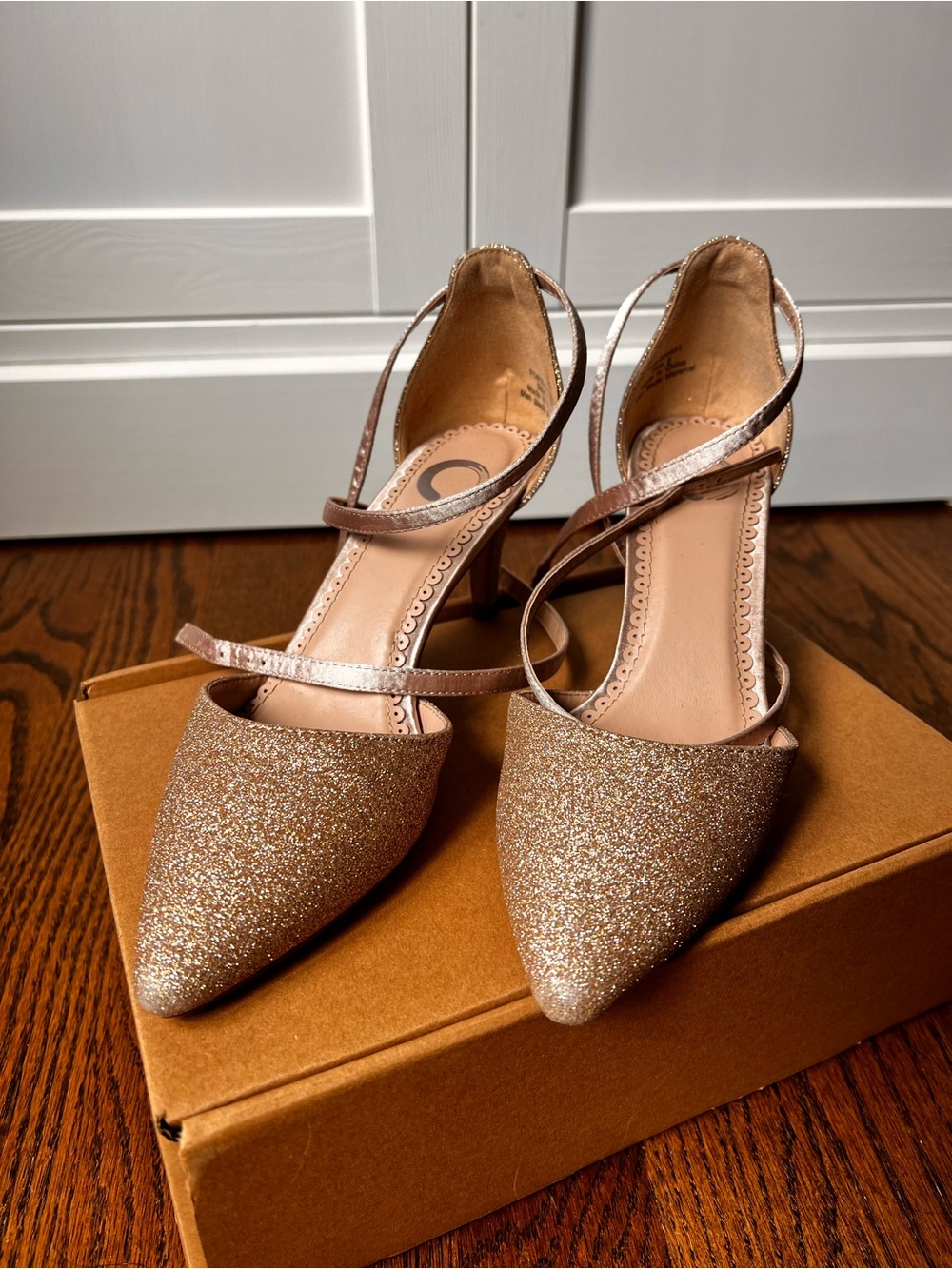 DSW Rose Gold Glitter Pointed-Toe Ankle-Strap Heels - Picture 3 of 5